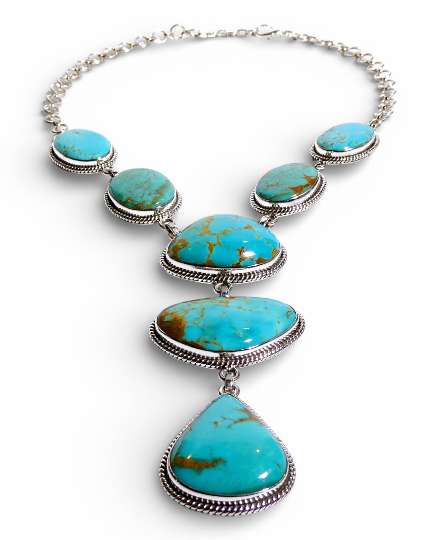 Mixed Shape Natural Turquoise Y-Drop Sterling Silver Necklace