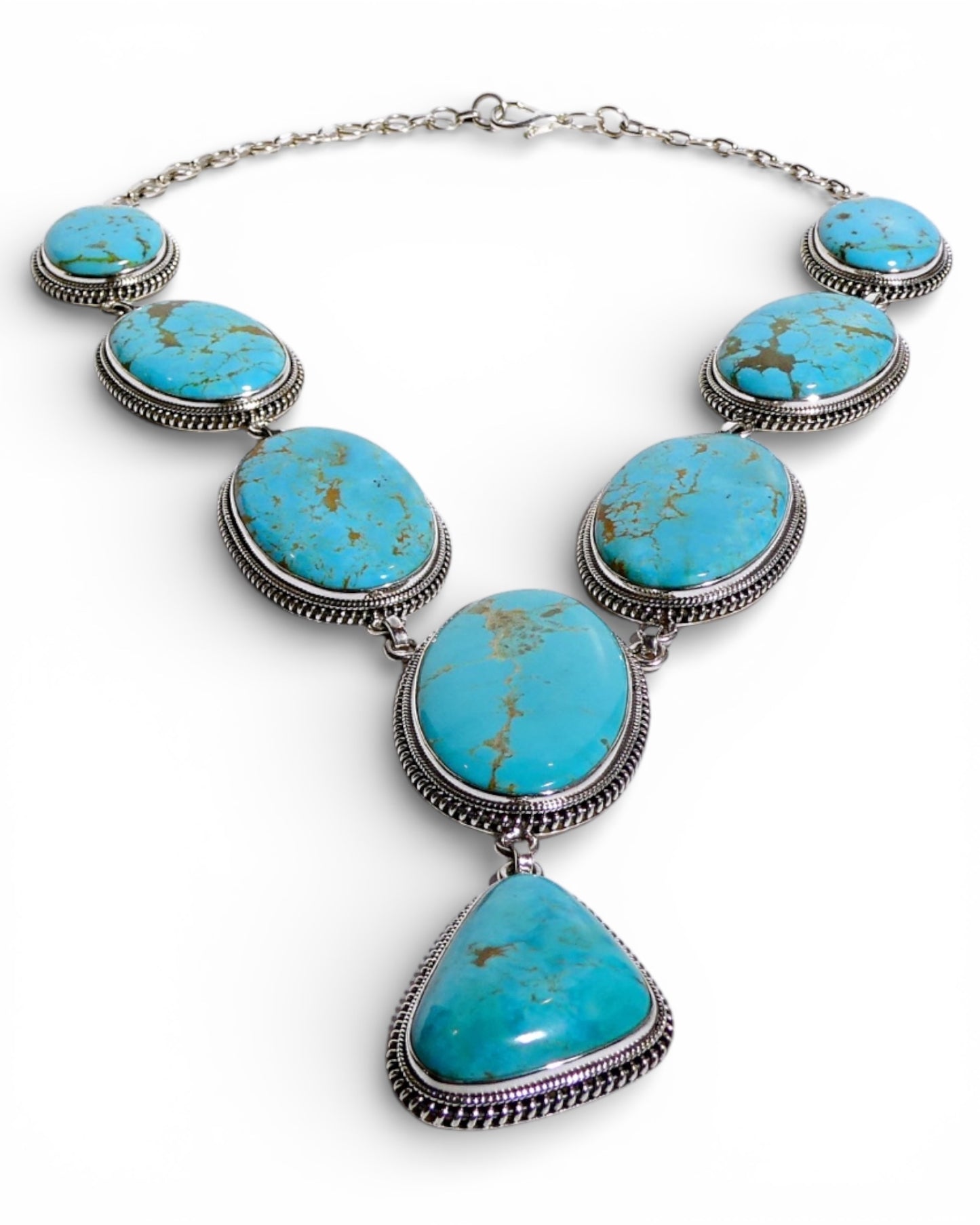 Natural Turquoise Oval Y-Drop Sterling Silver Necklace