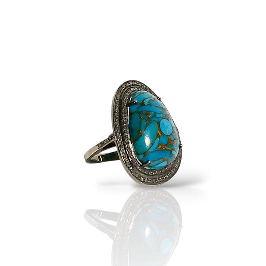Copper Turquoise Teardrop Pavé Black Diamond Ring