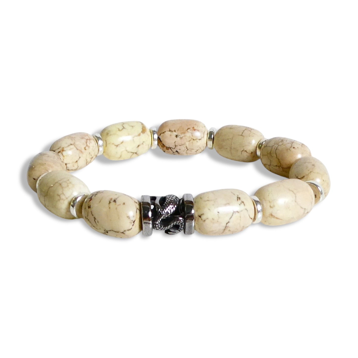 NEW Men’s Natural Howlite Beaded Stretch Bracelet with Navajo Silver Etched Centerpiece