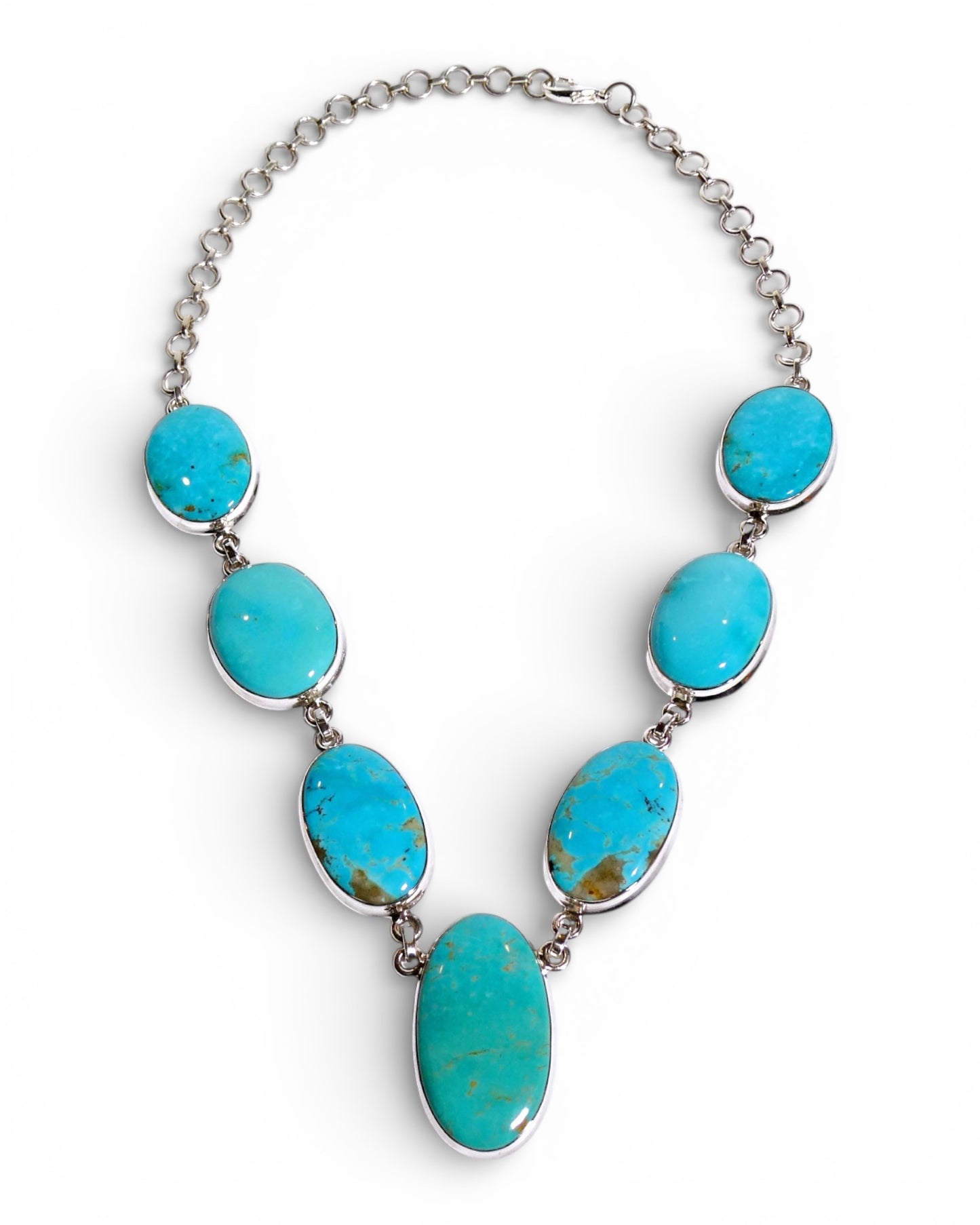 Sterling Silver 925 Oval Turquoise Link Necklace