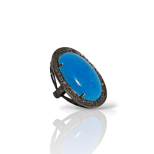 Natural Turquoise & Black Diamond Wide Halo Ring