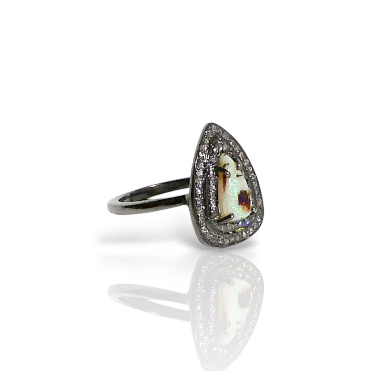 Opal Matrix Double Black Diamond Halo Ring