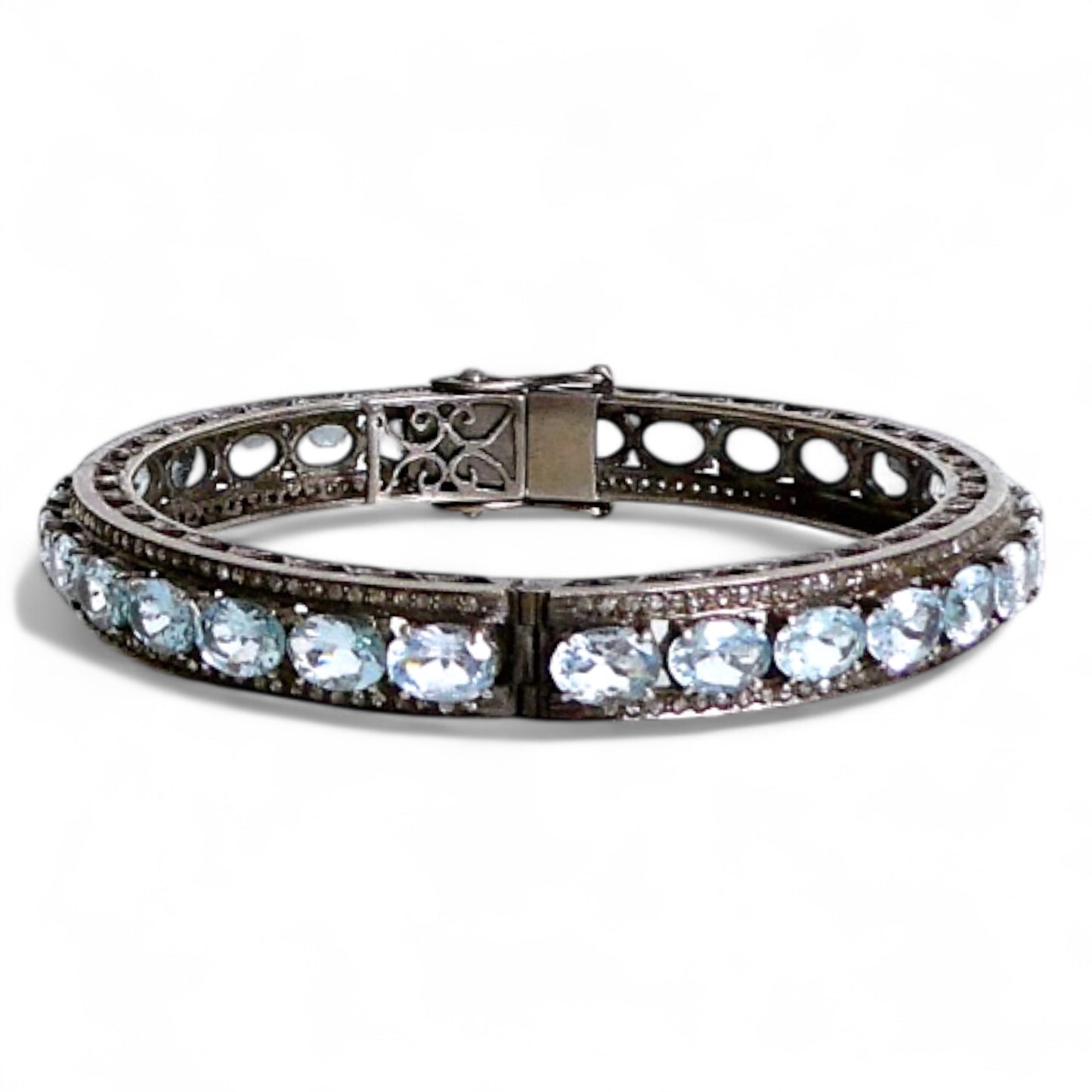 Blue Topaz and Black Diamond Bangle Bracelet 925 Silver