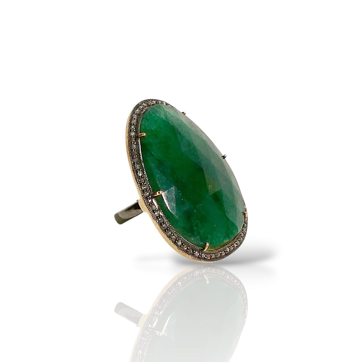 Natural Emerald & Black Diamond Teardrop Statement Ring