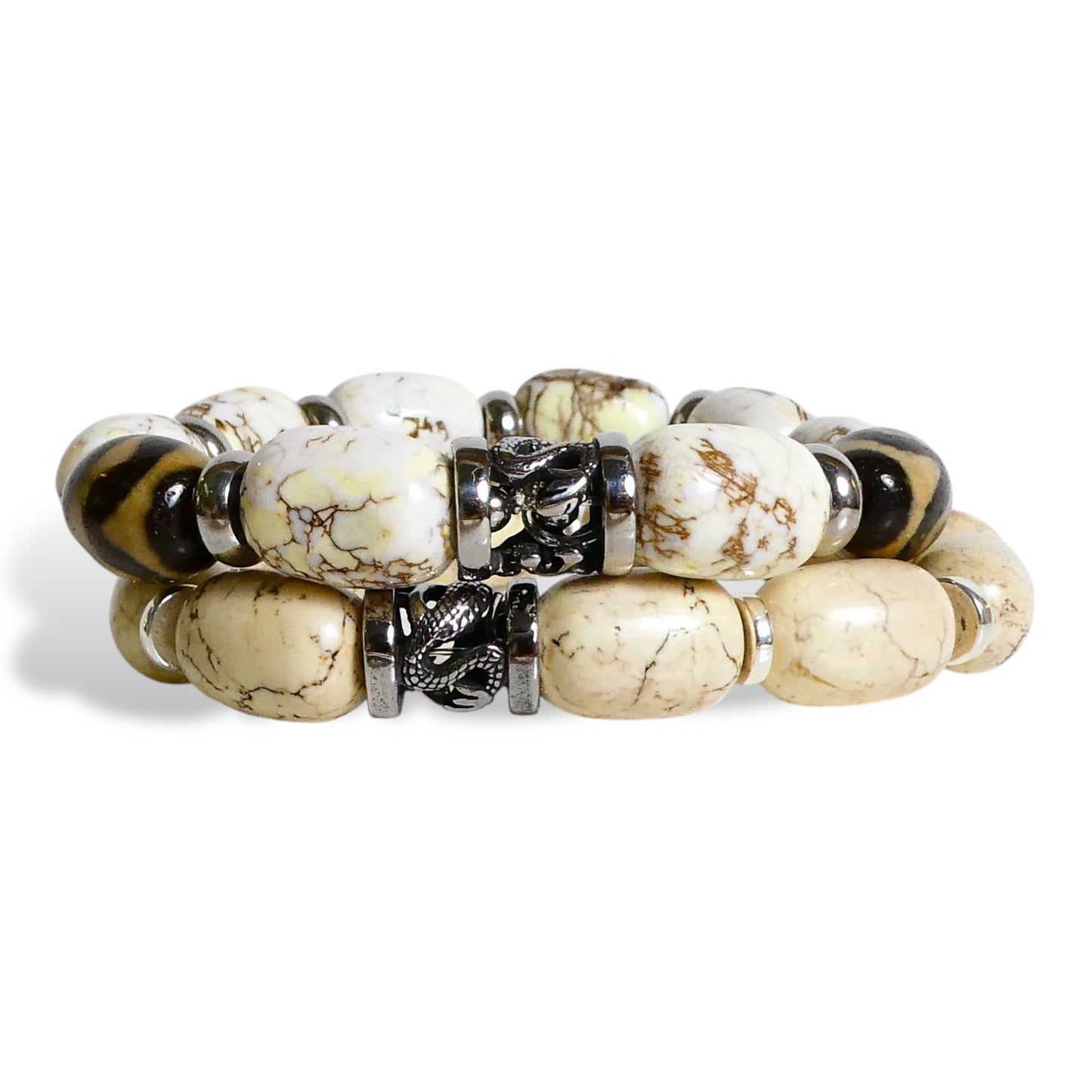 NEW Men’s Natural Howlite Beaded Stretch Bracelet with Navajo Silver Etched Centerpiece