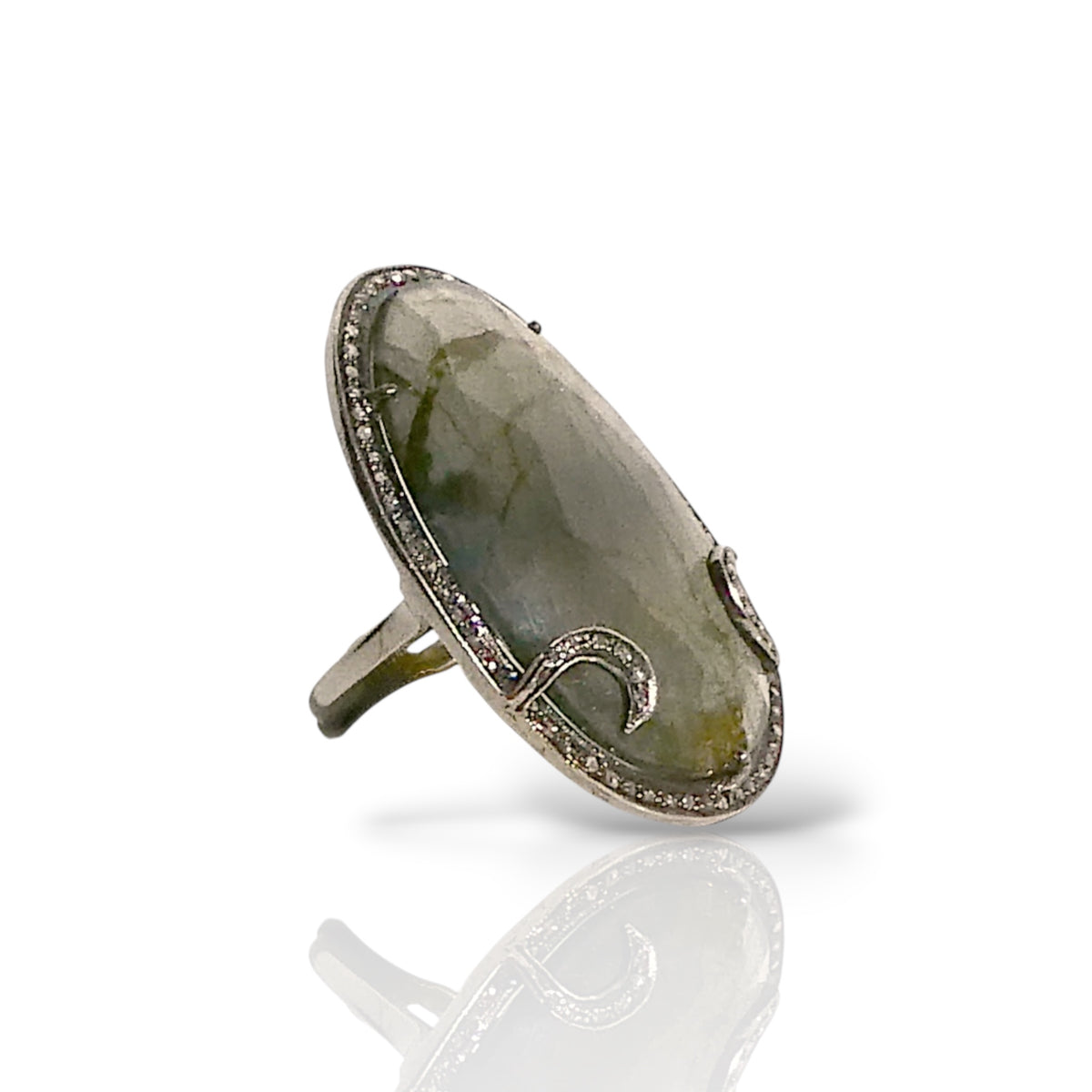 Natural Green Prehnite Crescent Moon Statement Ring