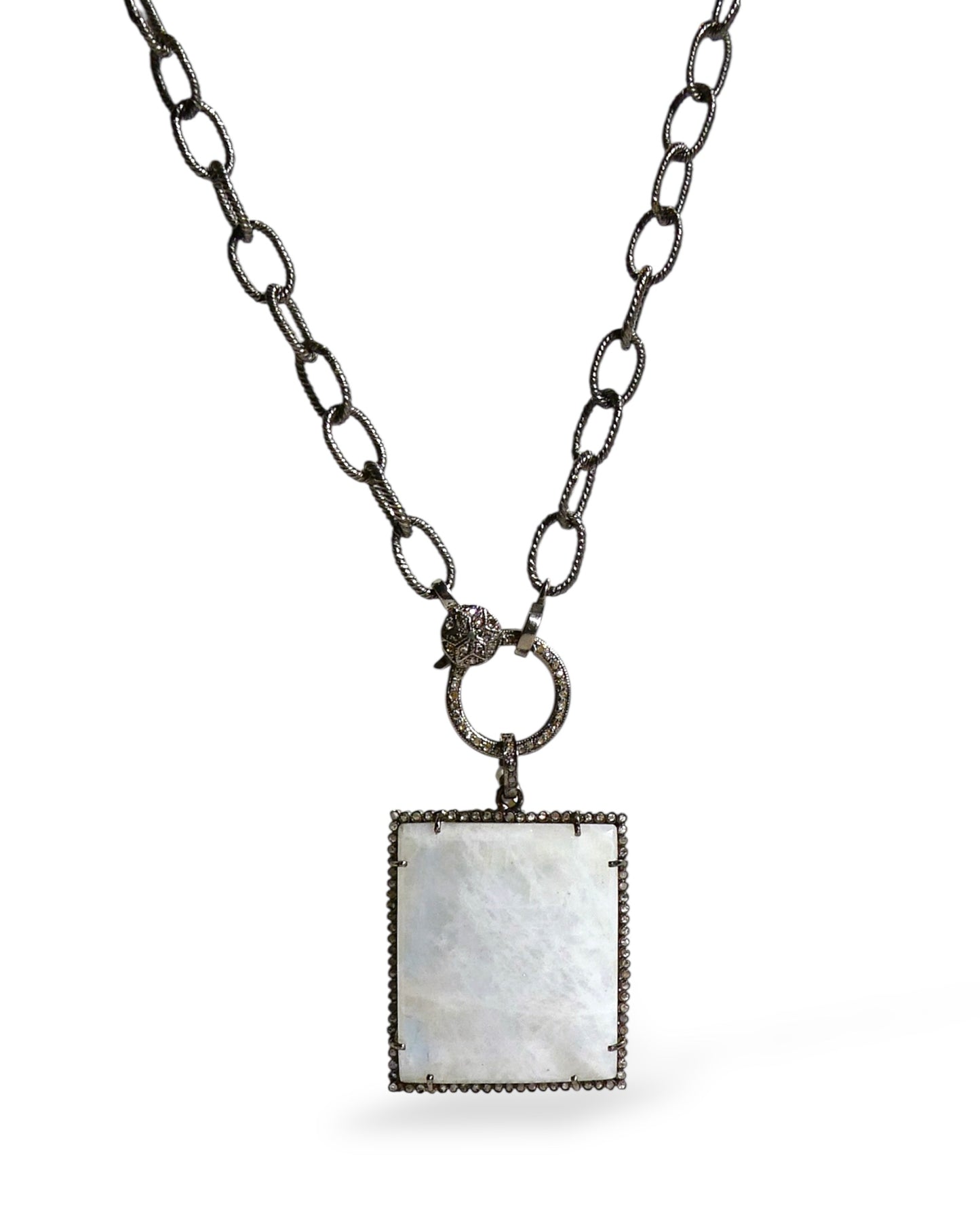 Square Rainbow Moonstone Pendant with Pavé Black Diamonds