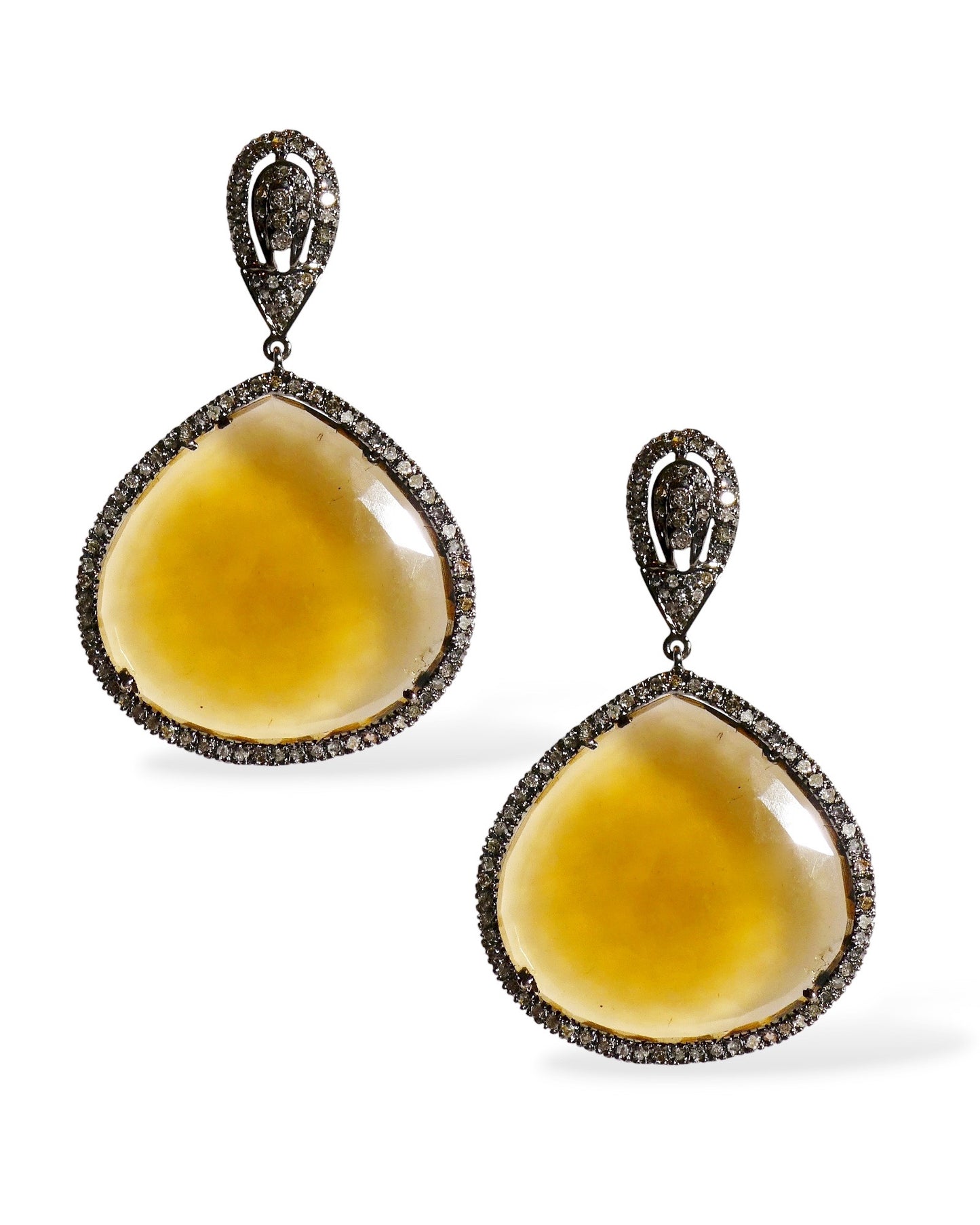 Yellow Sapphire and Black Diamond Teardrop Earrings