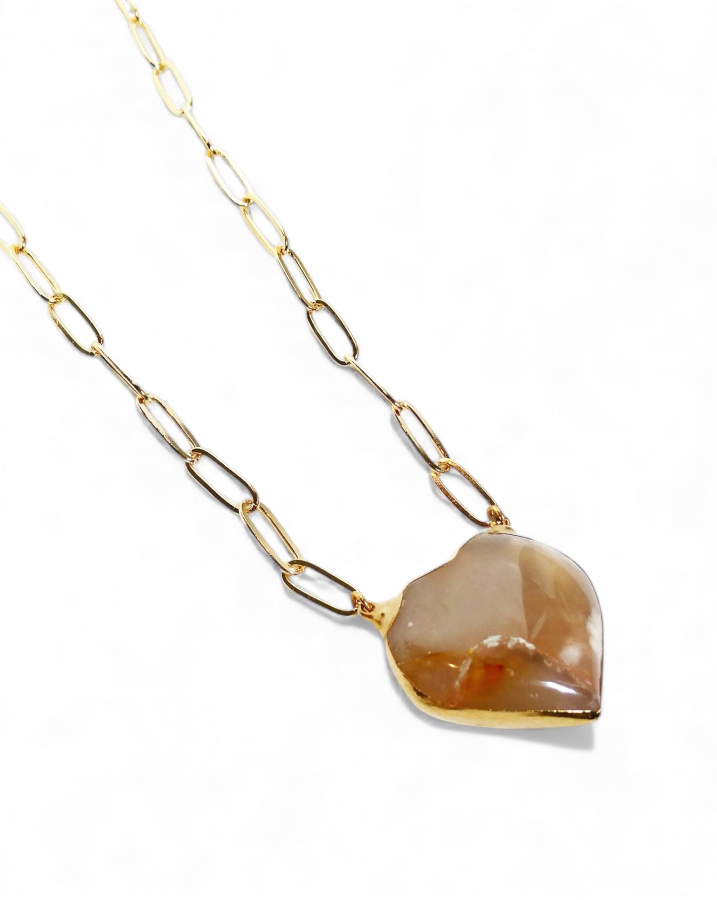 Flower Agate Puffy Heart Chain Necklace