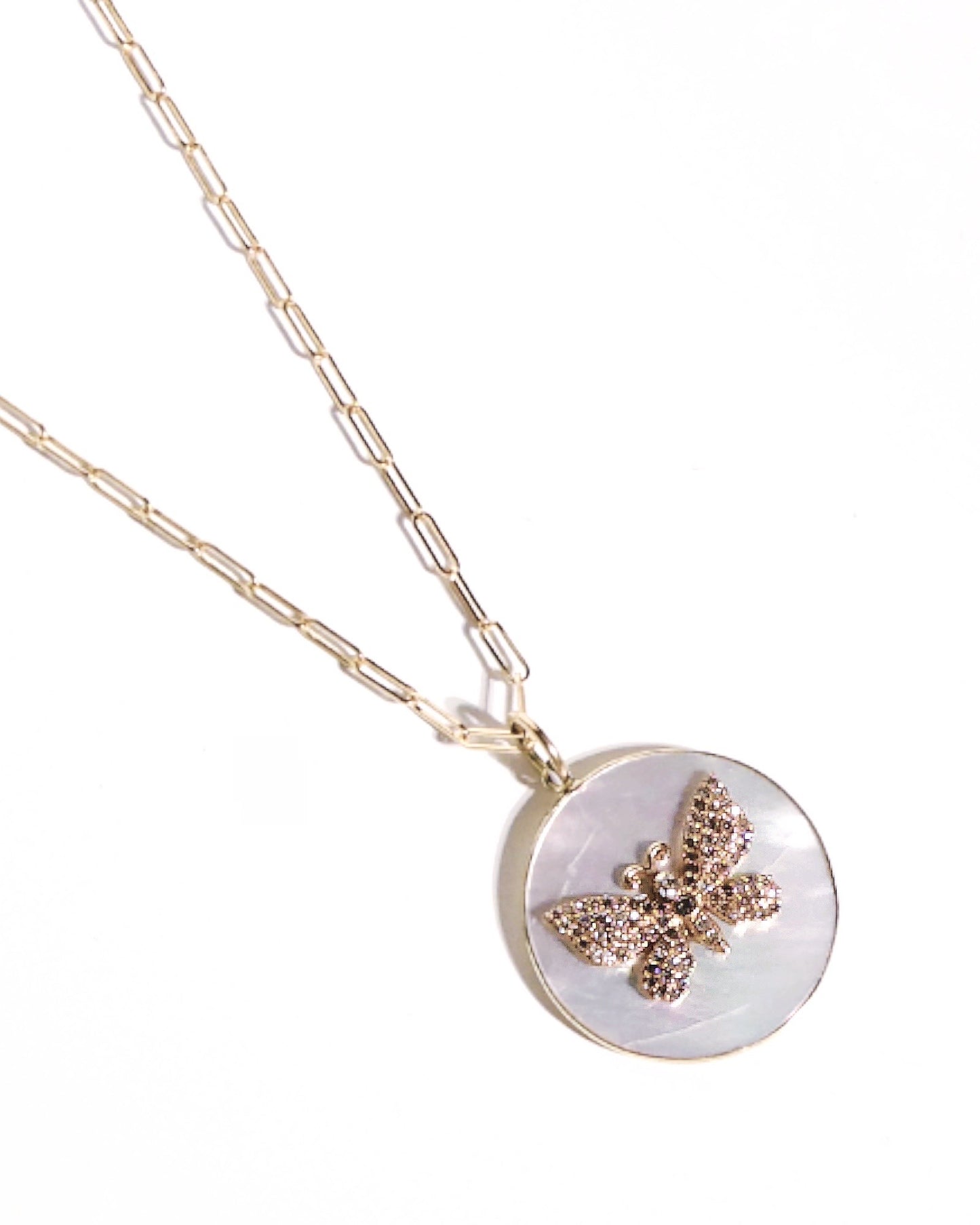 14K Gold Diamond pave Butterfly on Mother of Pearl Pendent