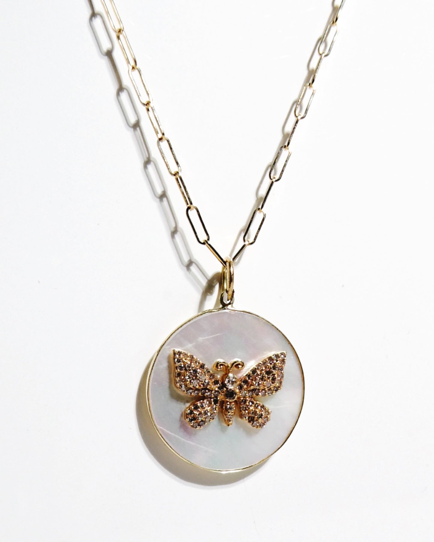 14K Gold Diamond pave Butterfly on Mother of Pearl Pendent