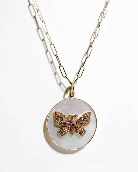 14K Gold Diamond pave Butterfly on Mother of Pearl Pendent
