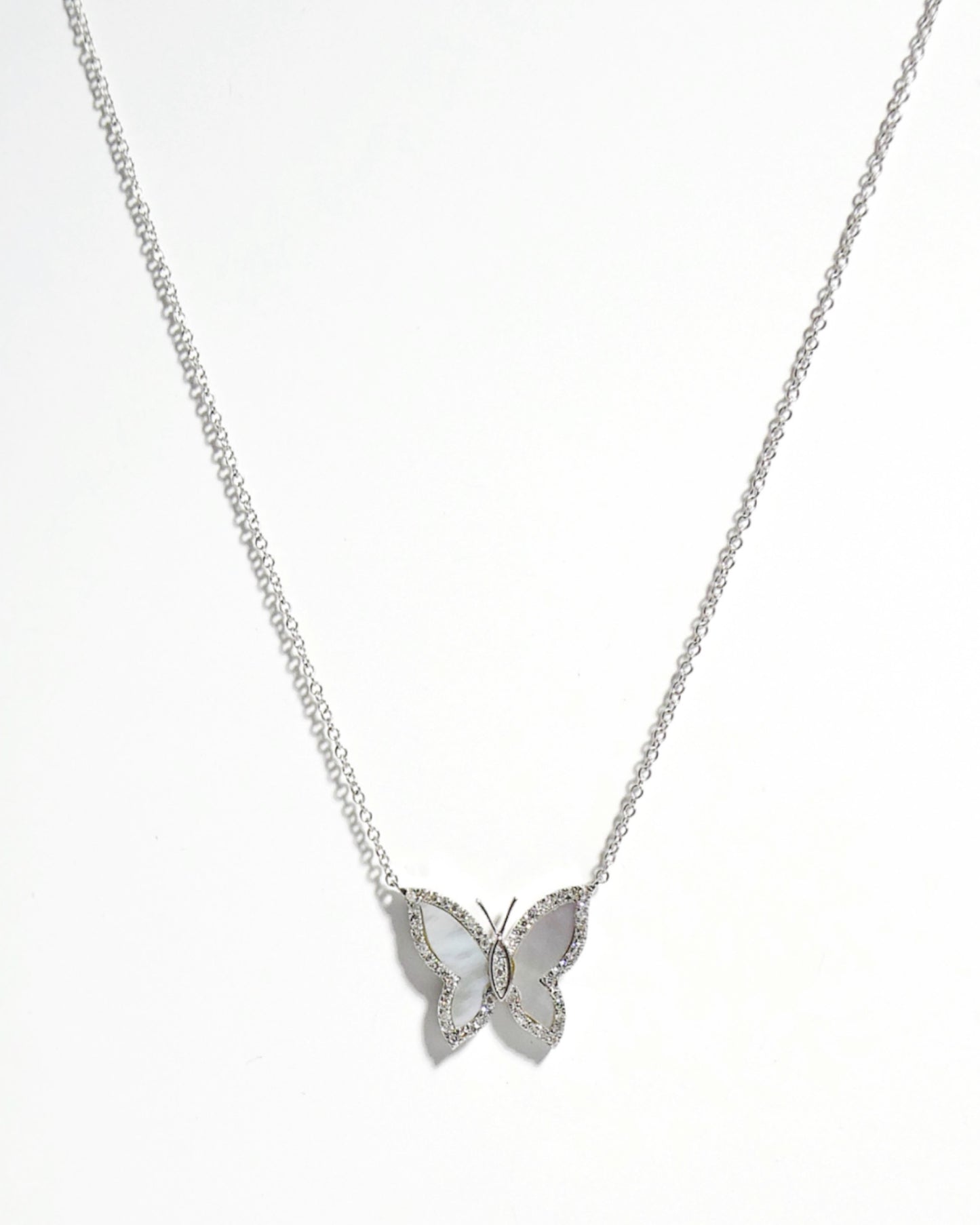 14k White Gold Mother of Pearl & Diamond Butterfly Necklace