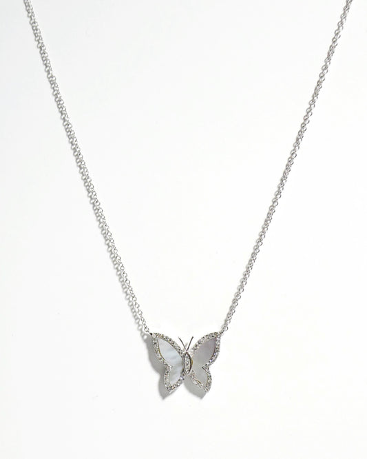 14k White Gold Mother of Pearl & Diamond Butterfly Necklace