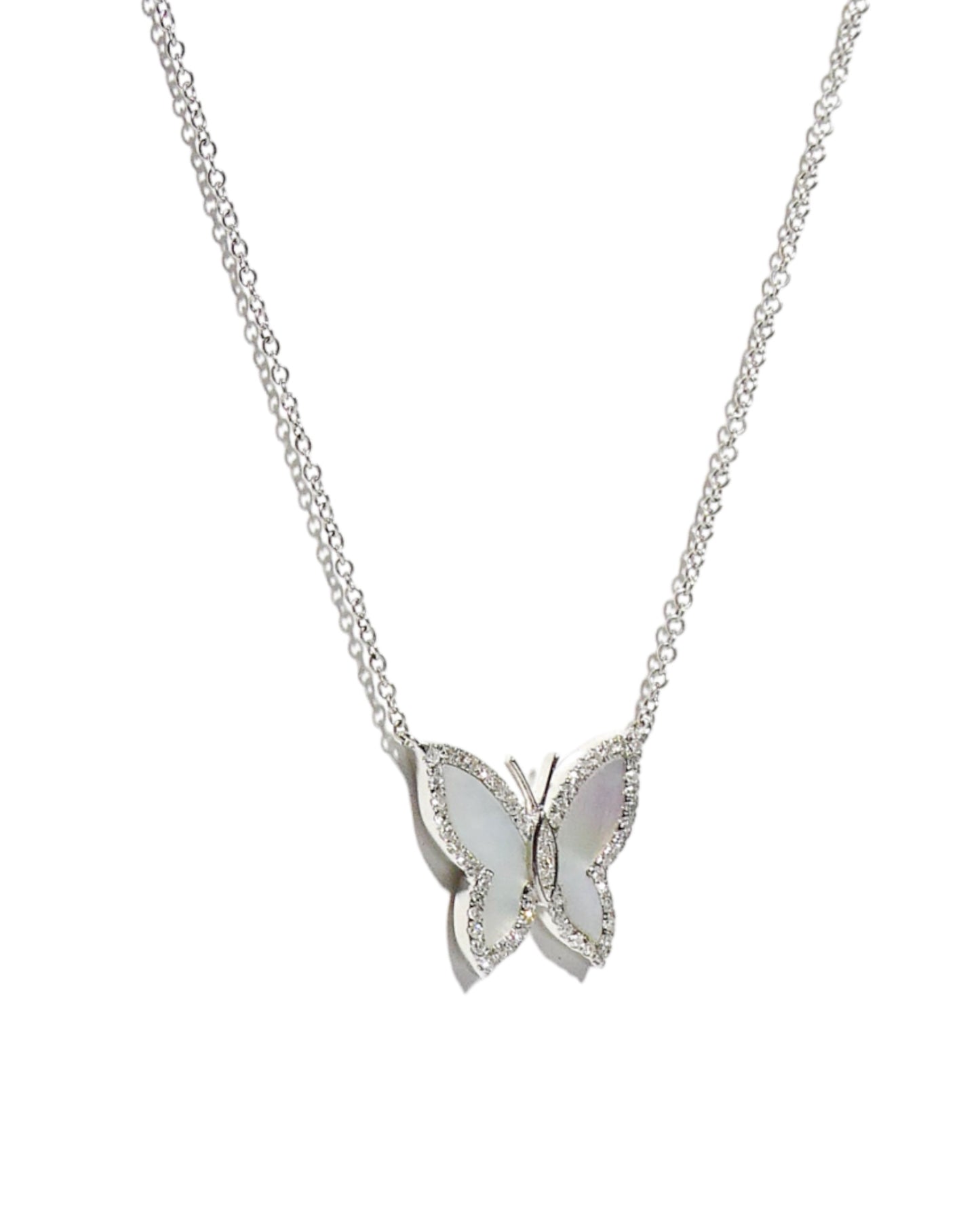 14k White Gold Mother of Pearl & Diamond Butterfly Necklace