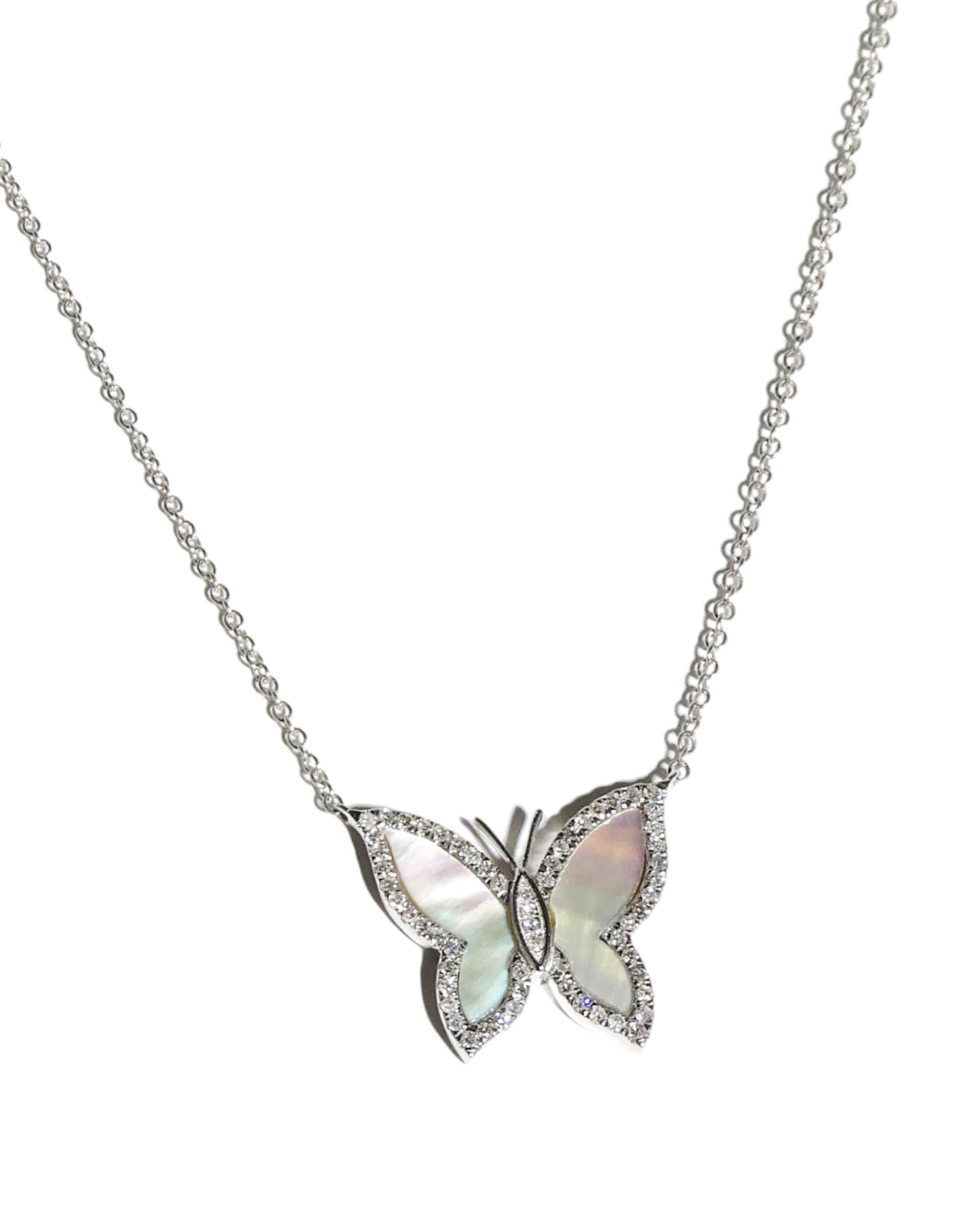 14k White Gold Mother of Pearl & Diamond Butterfly Necklace