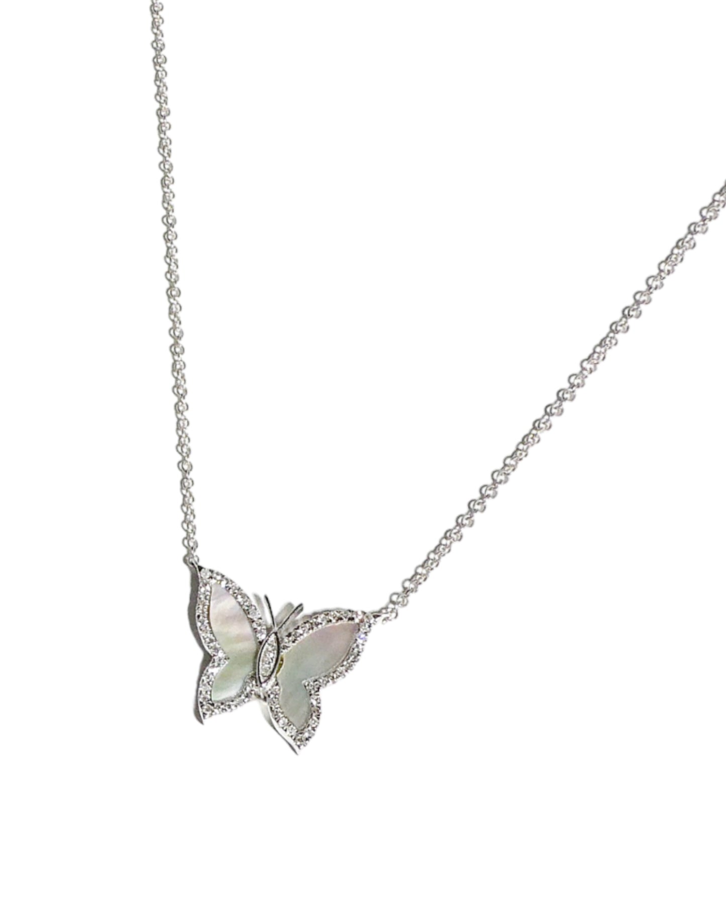 14k White Gold Mother of Pearl & Diamond Butterfly Necklace