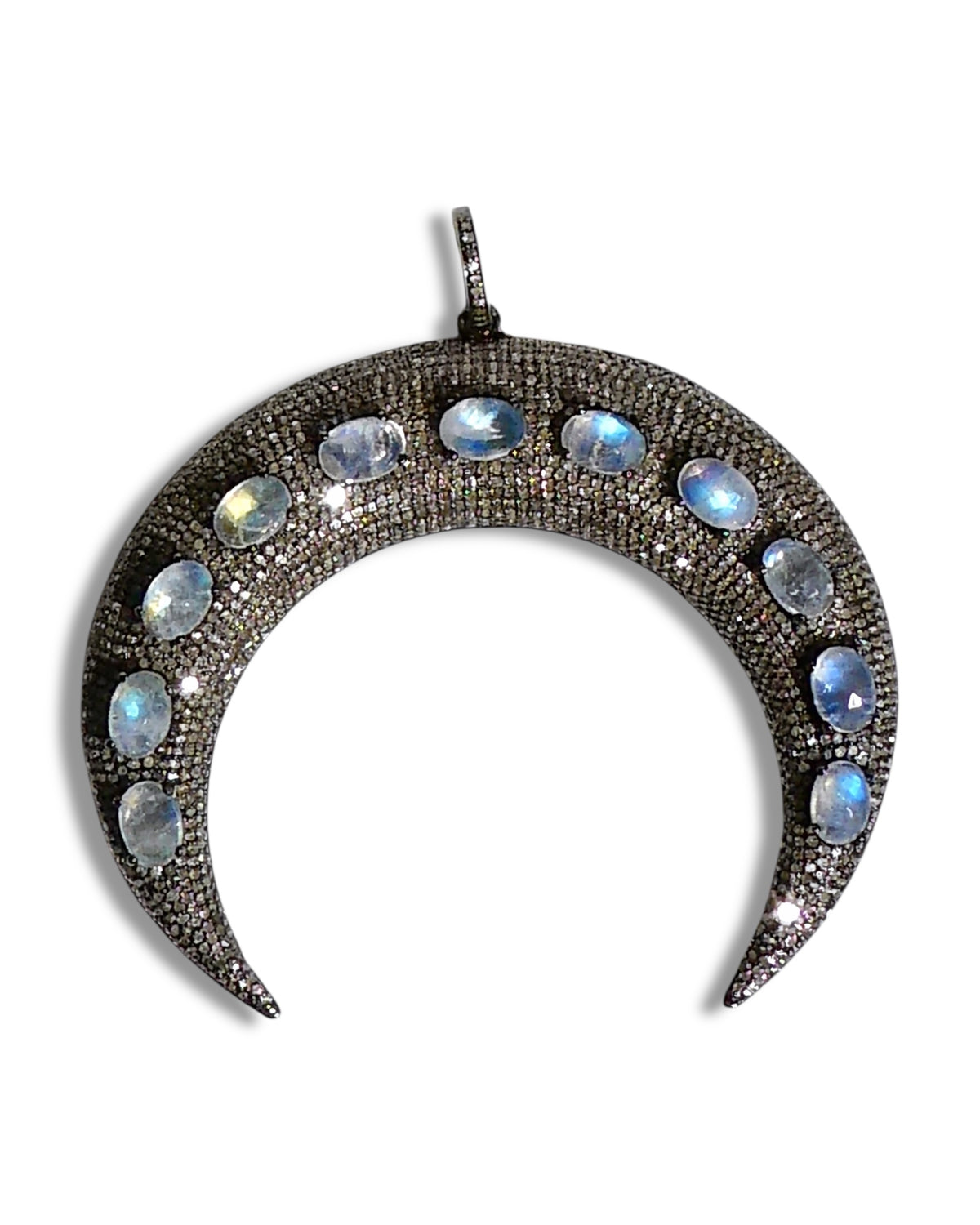 Pavé Black Diamond Crescent Pendant with Moonstones