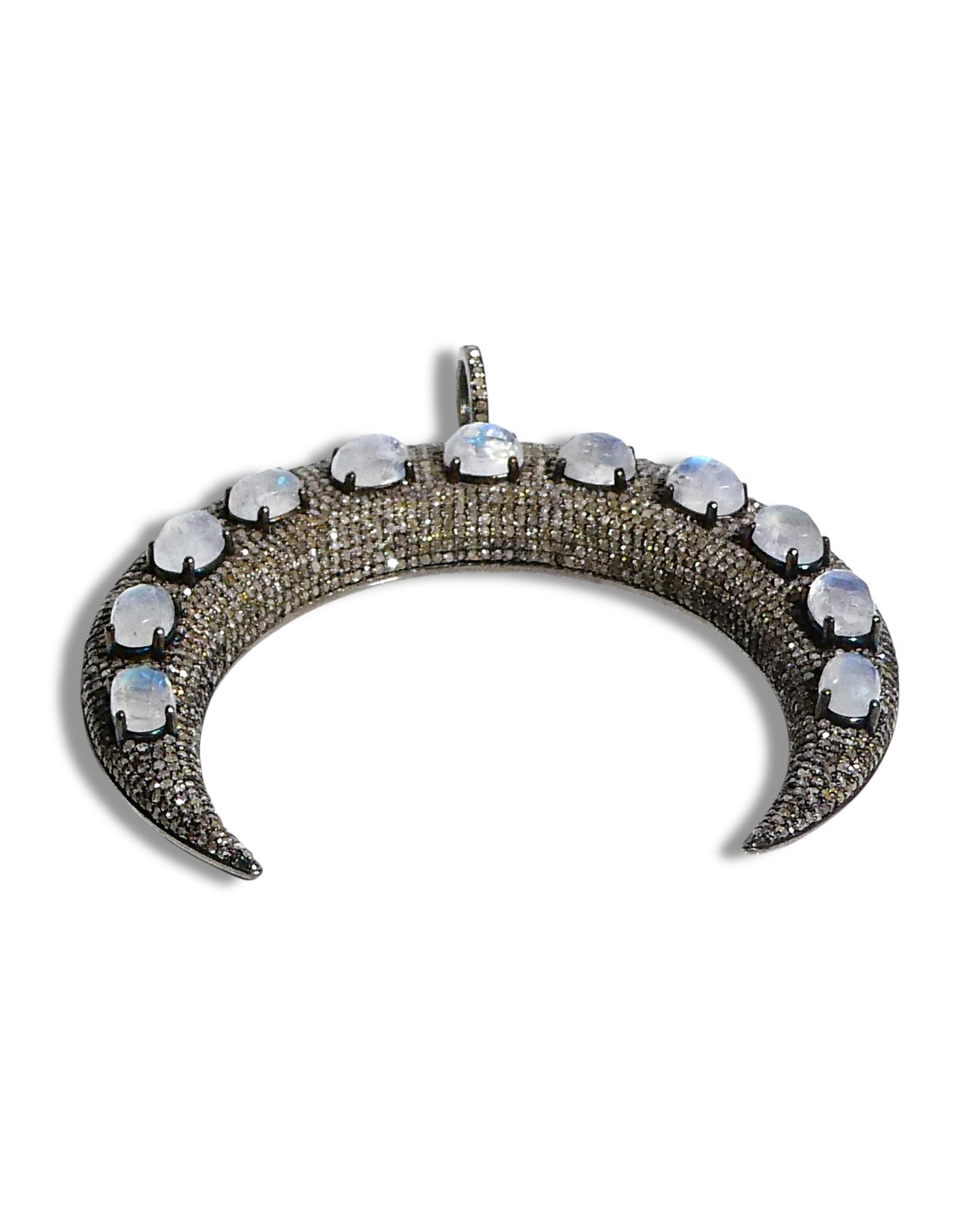 Pavé Black Diamond Crescent Pendant with Moonstones
