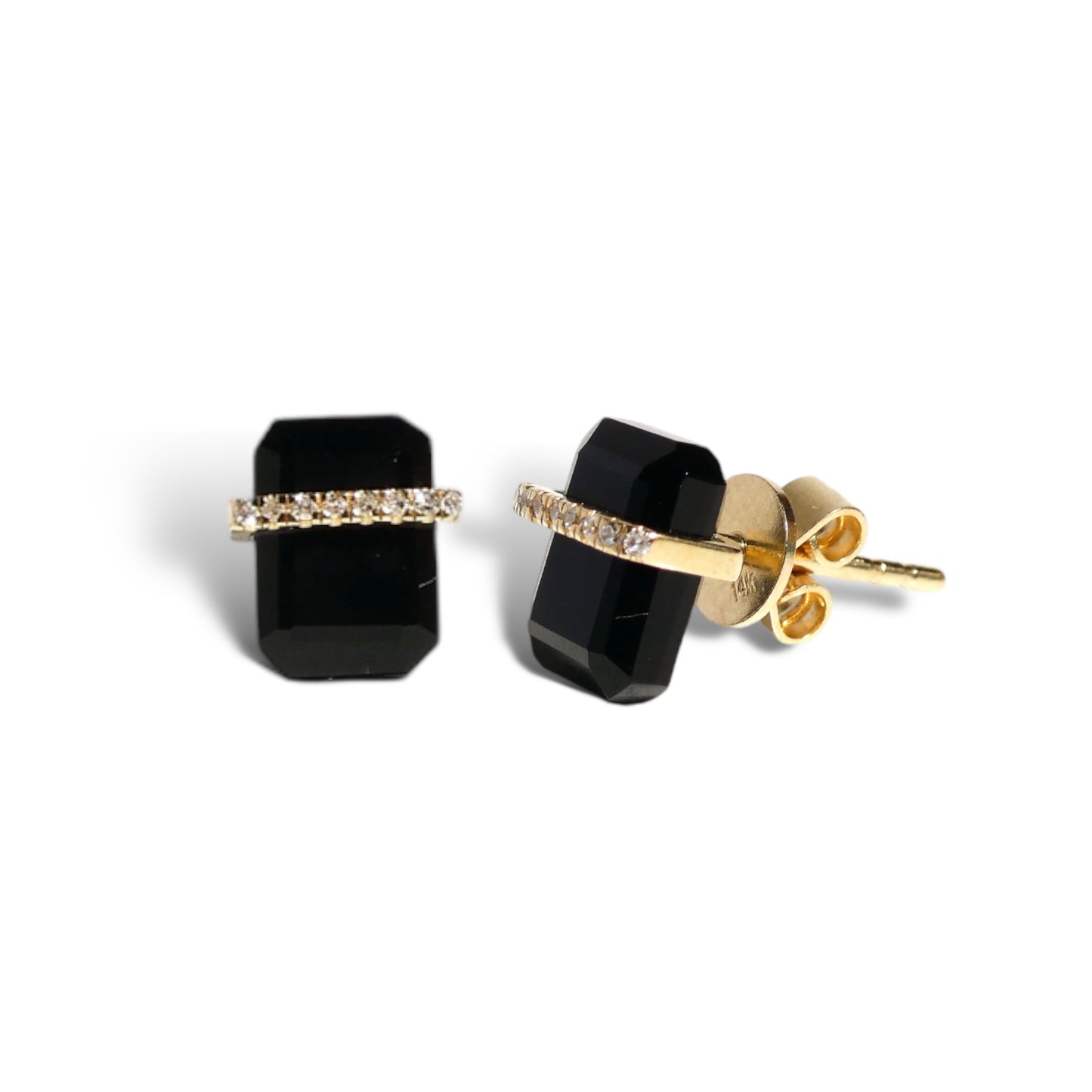 14k Gold Square Gemstone Studs with Diamond Pave Band