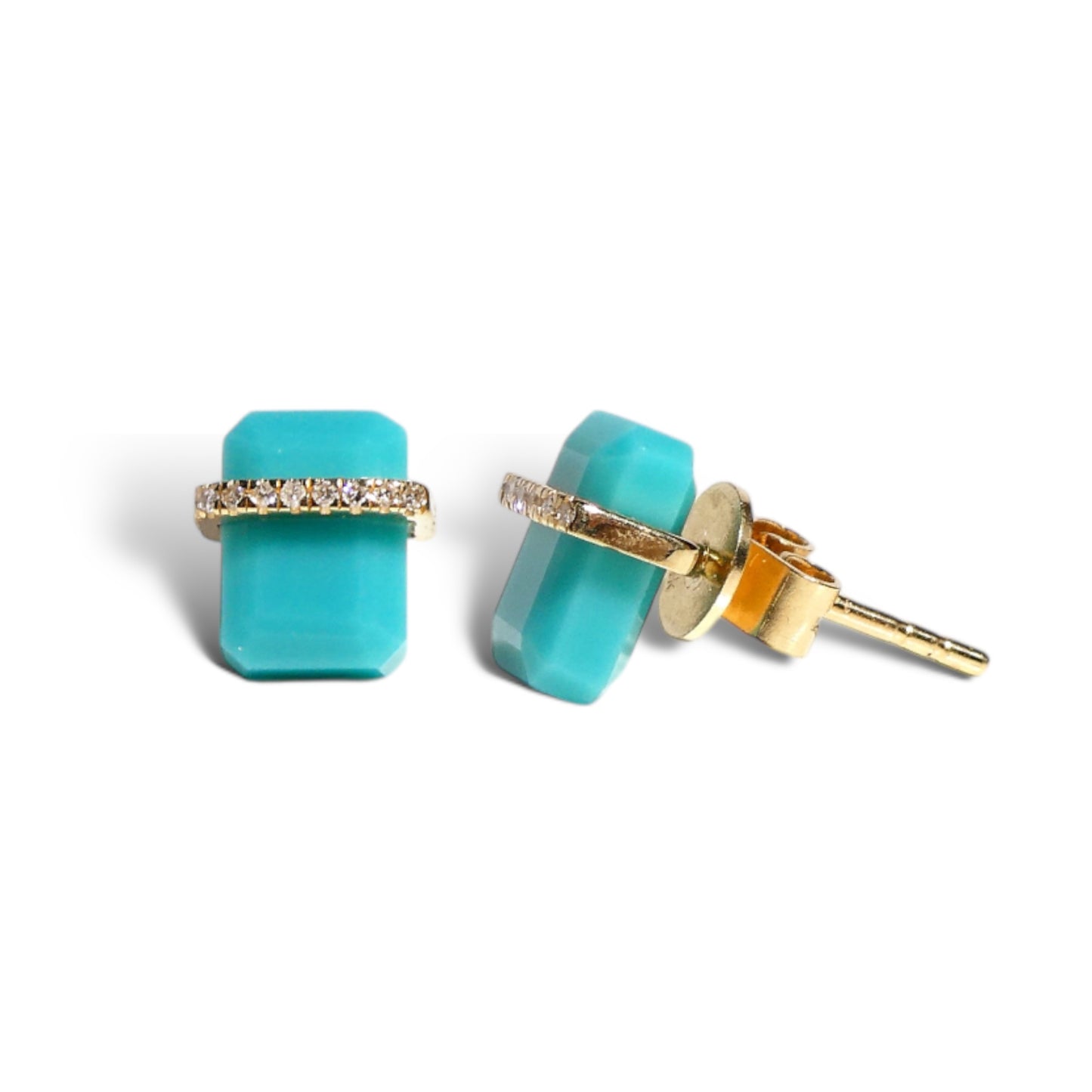 14k Gold Square Gemstone Studs with Diamond Pave Band