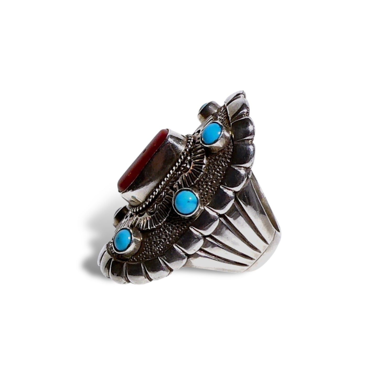 Red Coral and Turquoise Statement Ring