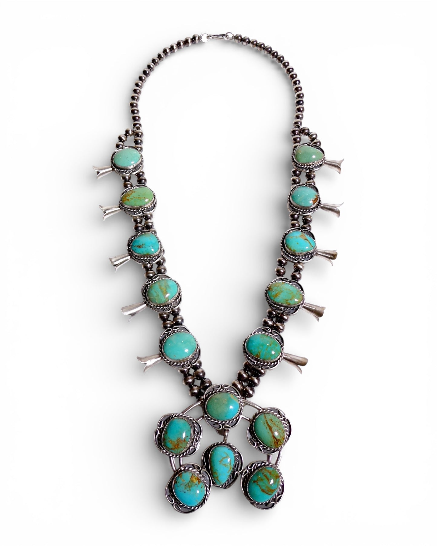 Natural Turquoise Cluster Squash Blossom Necklace in Sterling Silver