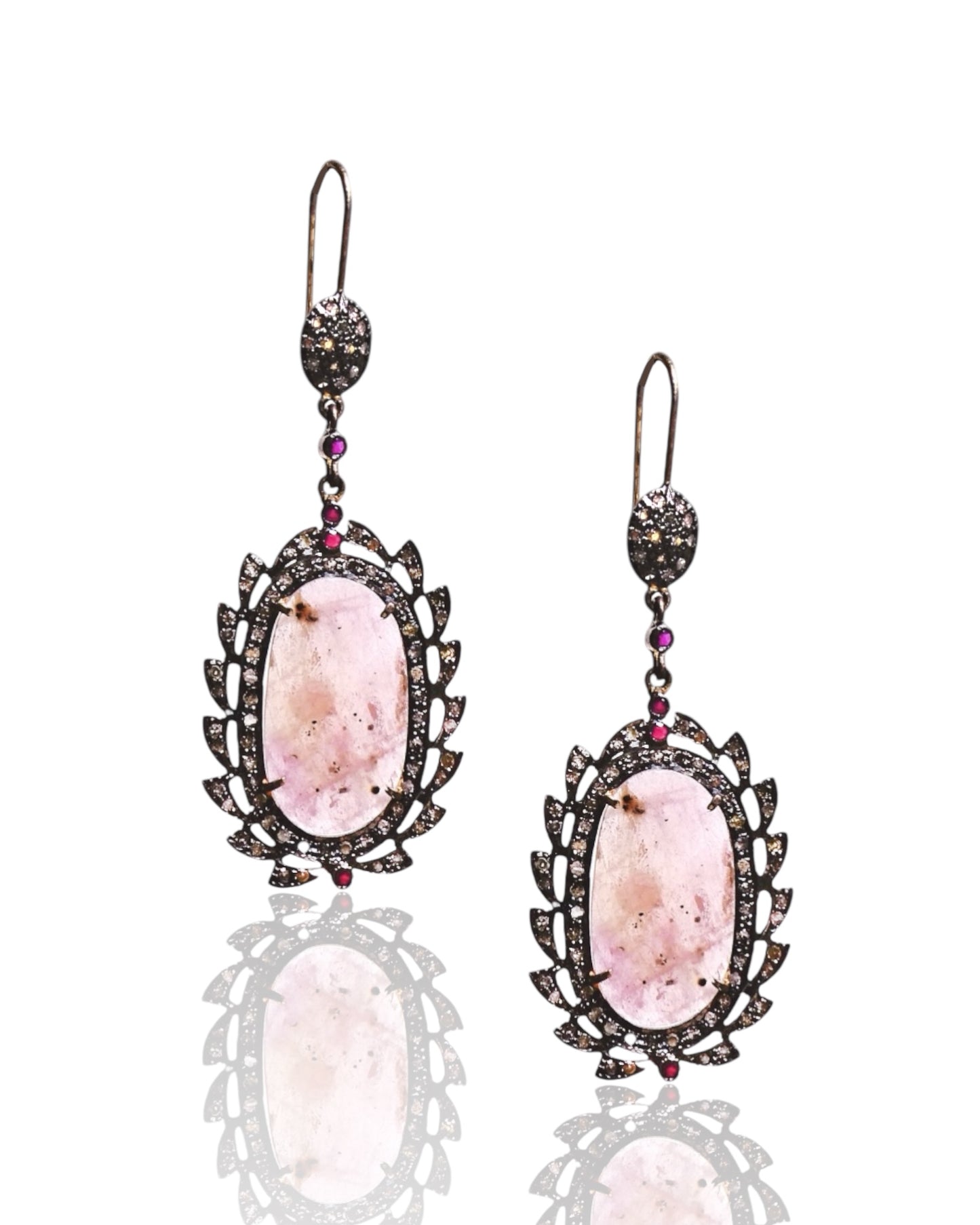 NEW Pink Sapphire Drop Earrings with Black Diamonds