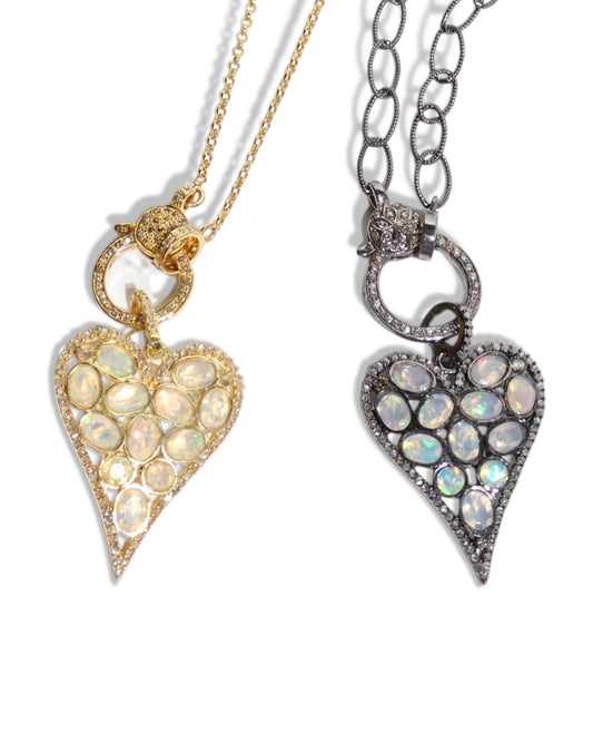 Sliced Opal and Black Diamond Heart Pendant