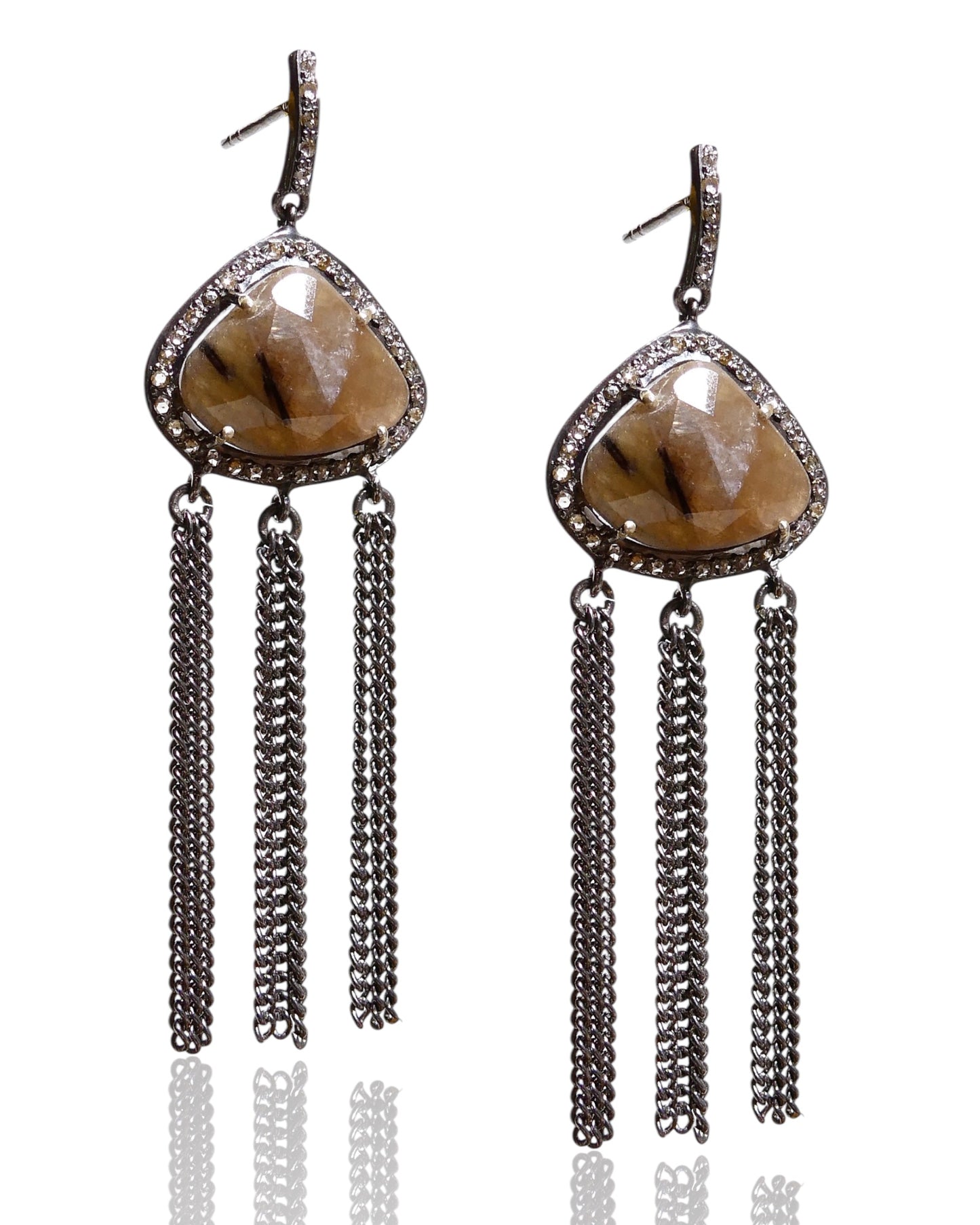 NEW Smoky Rutilated Quartz and Black Diamond Fringe Earrings