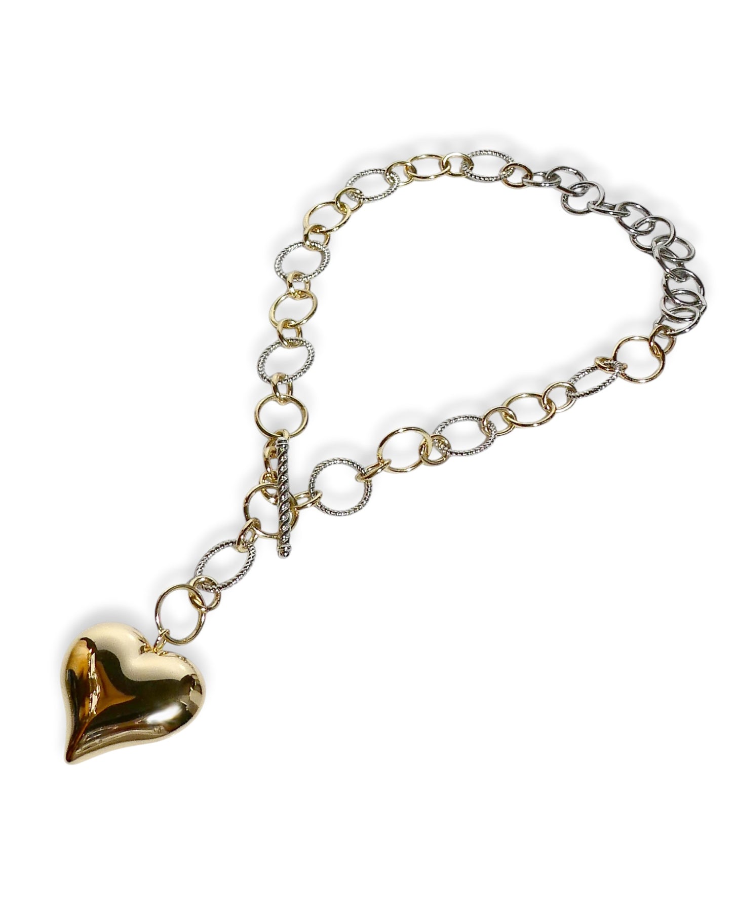 Puffy Gold Heart Two-Tone Toggle Necklace