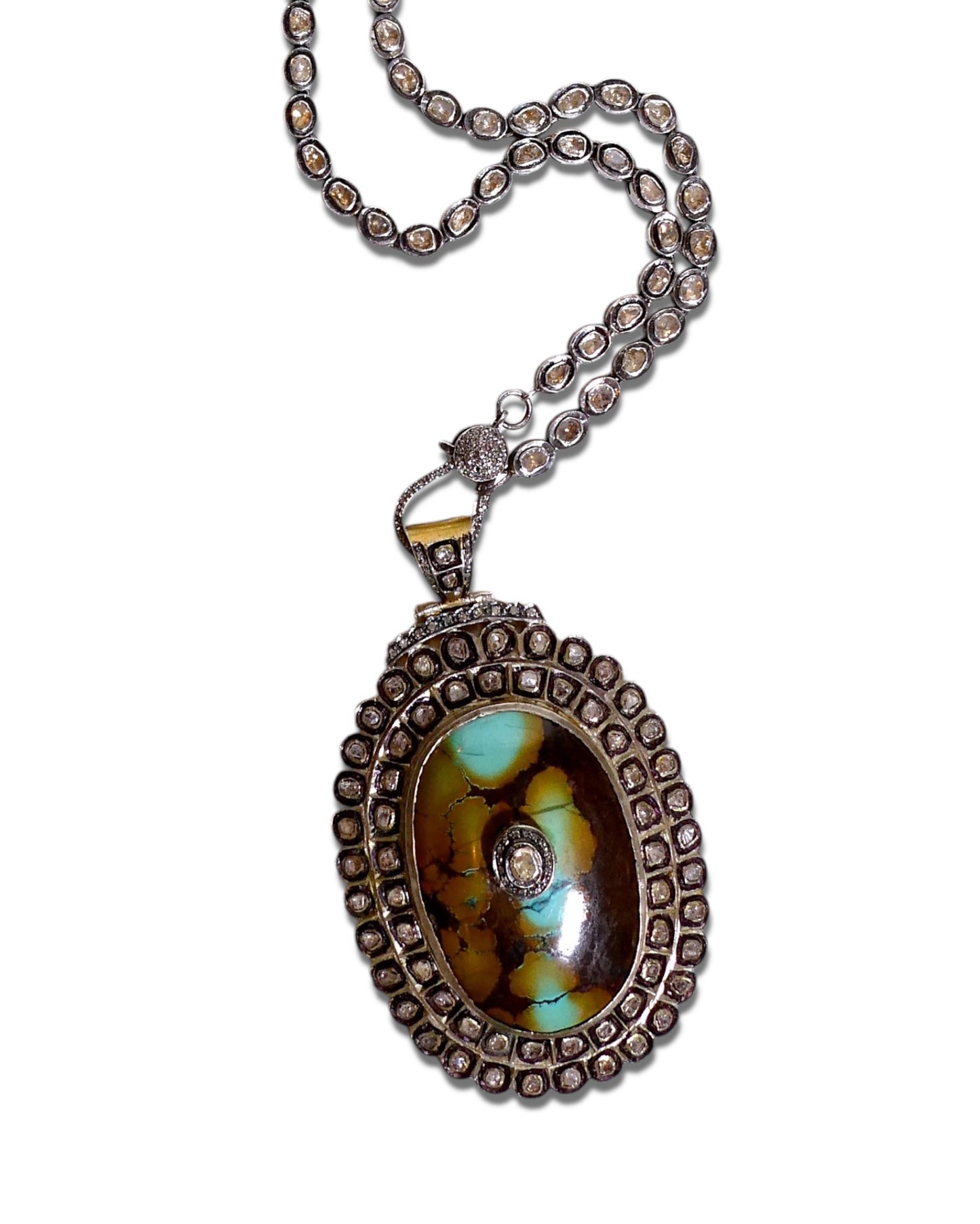 NEW Turquoise and Fire Agate Medallion with Sliced Diamond Chain Necklace