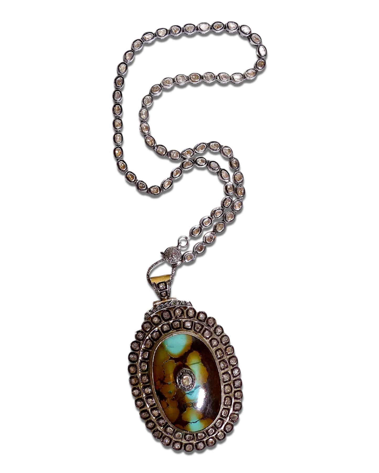 NEW Turquoise and Fire Agate Medallion with Sliced Diamond Chain Necklace