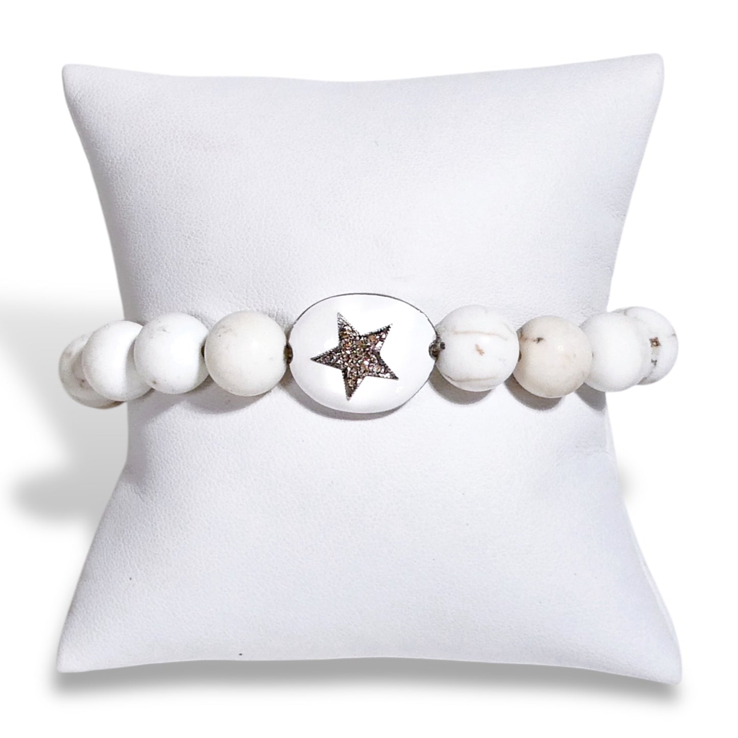 NEW White Howlite Beaded Bracelet with Pave Star Centerpiece