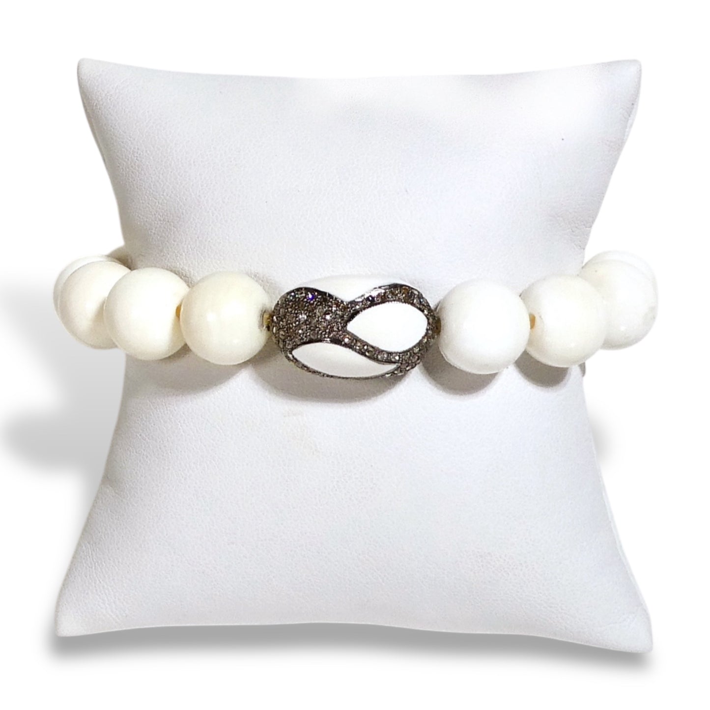 NEW White Jade Beaded Bracelet with Pave Centerpiece