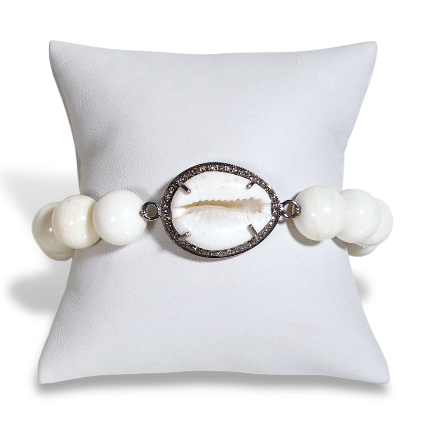 NEW White Jade Beaded Bracelet with Pave Shell
