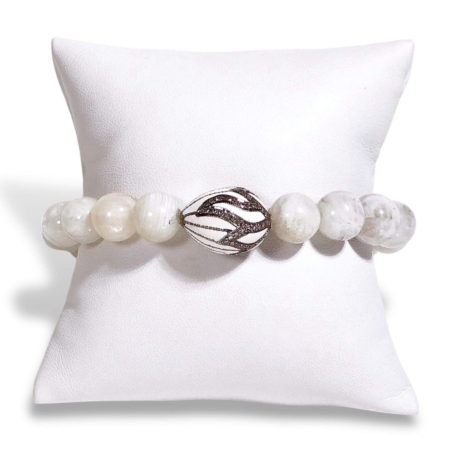 NEW White Lace Agate Bracelet with Pave Centerpiece