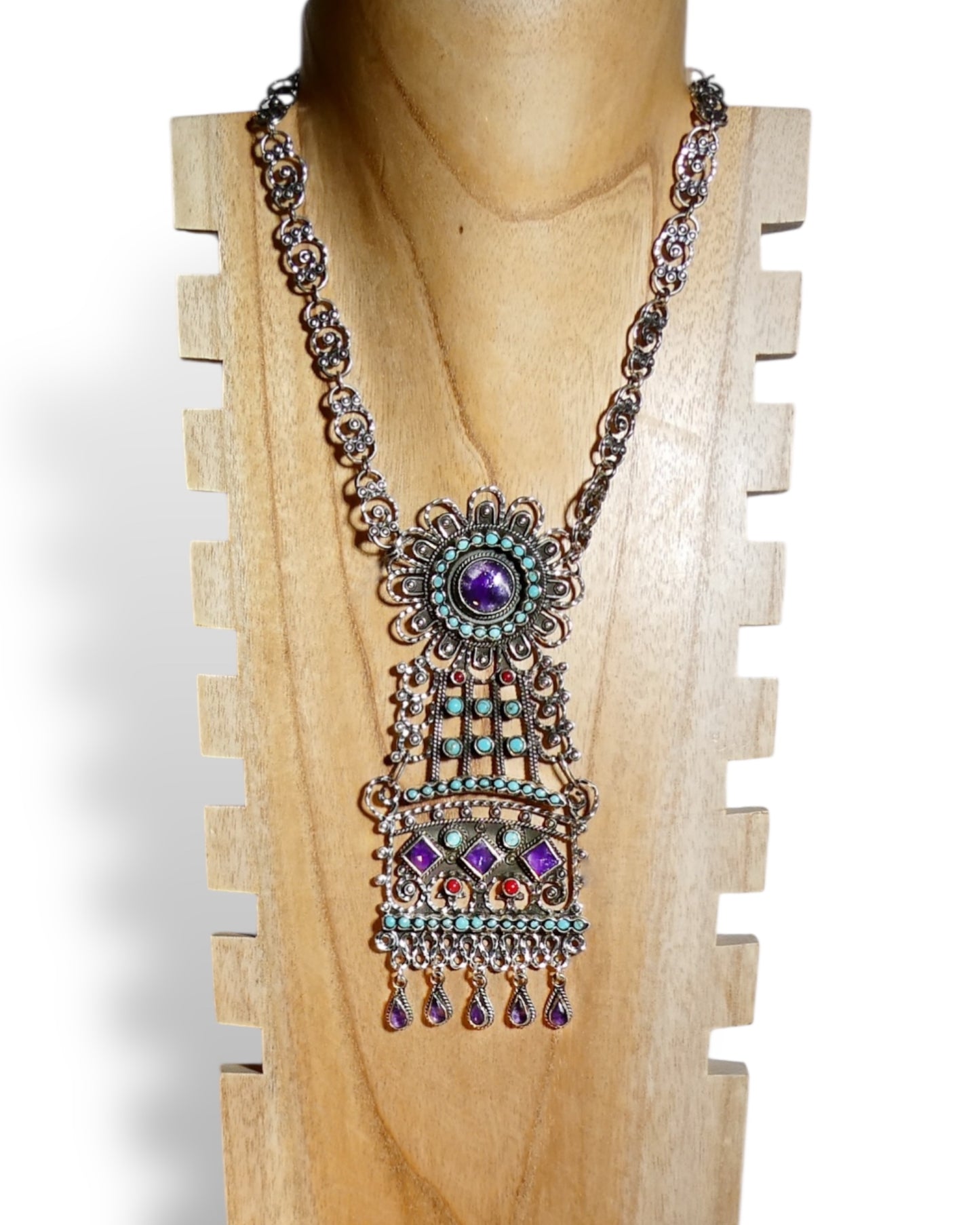 Sterling Silver Turquoise and Amethyst Statement Necklace