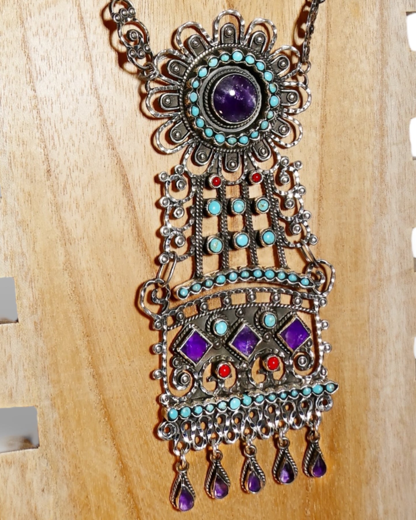 Sterling Silver Turquoise and Amethyst Statement Necklace