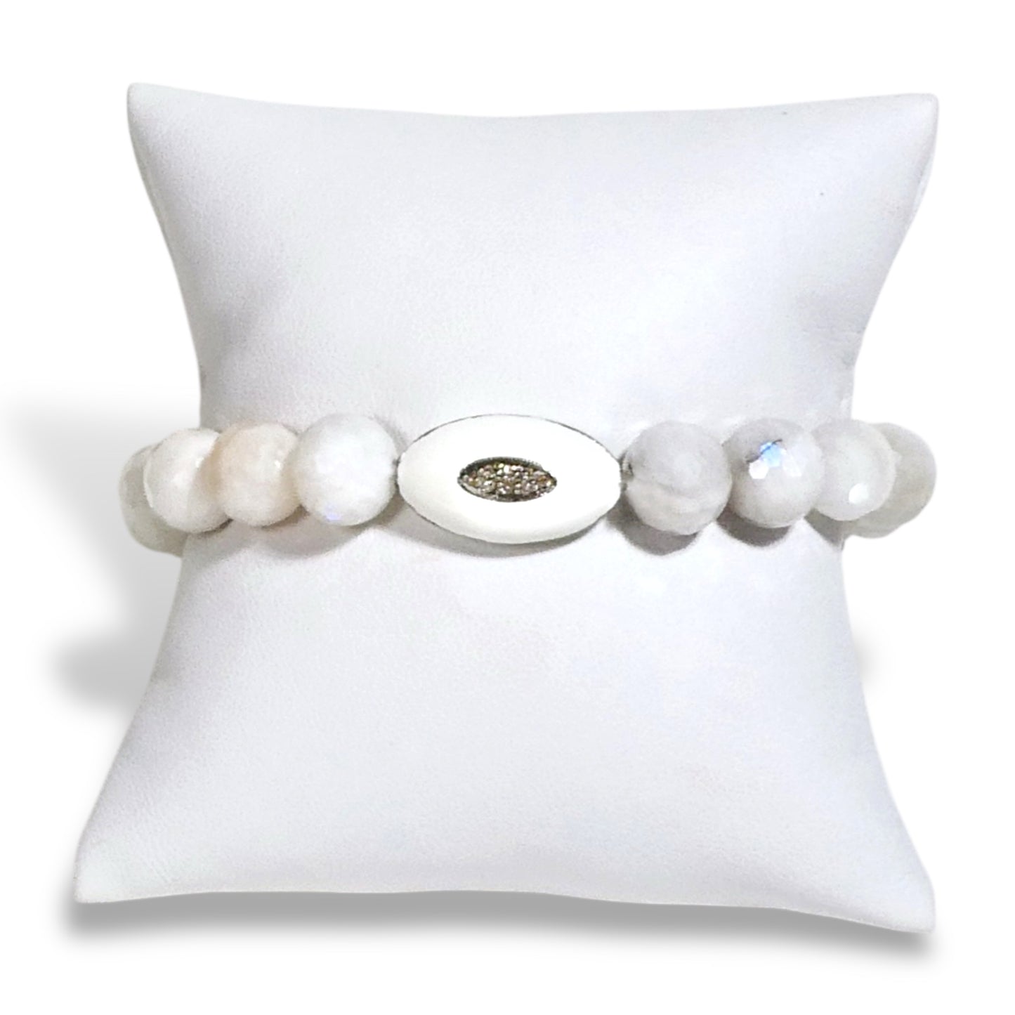 NEW White Moonstone Beaded Bracelet with Pave Diamond Centerpiece