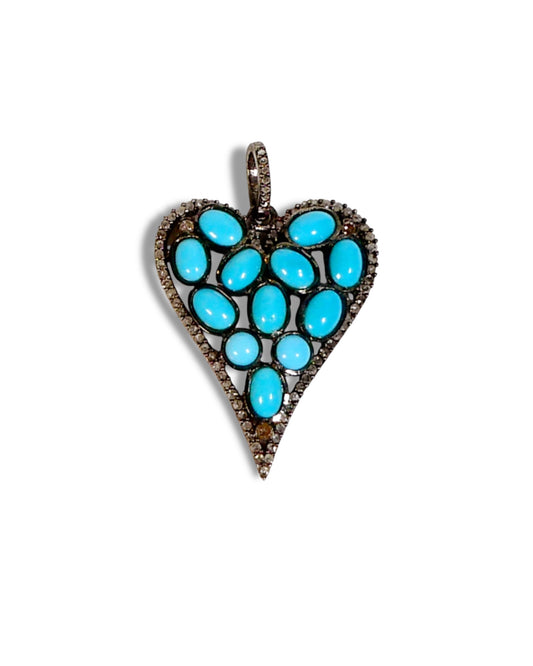 Turquoise and Diamond Elongated Heart Pendant
