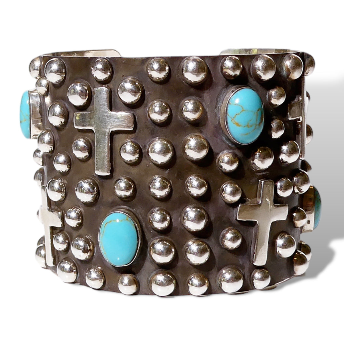 Stunning Sterling Silver Ball Cuff with Natural Turquoise
