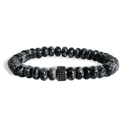 NEW Men’s Natural Snowflake Obsidian Bracelet with Black Crystal Pavé Centerpiece