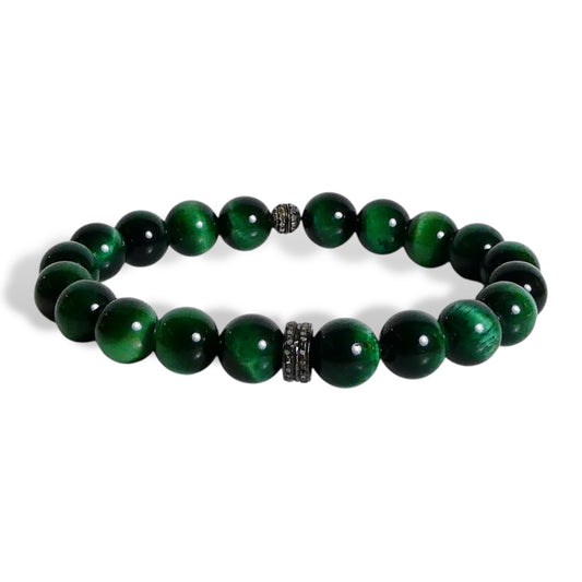 NEW Men’s Green Tiger Eye Beaded Bracelet with Black Diamonds