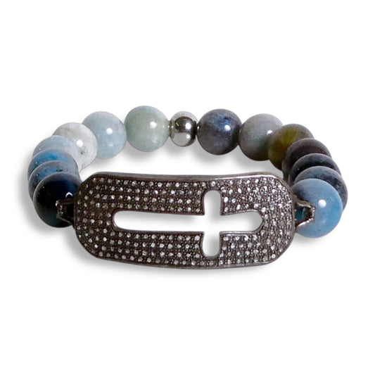 NEW Unisex Mixed Blue Natural Gemstone Bracelet with Black Diamond Cross Centerpiece
