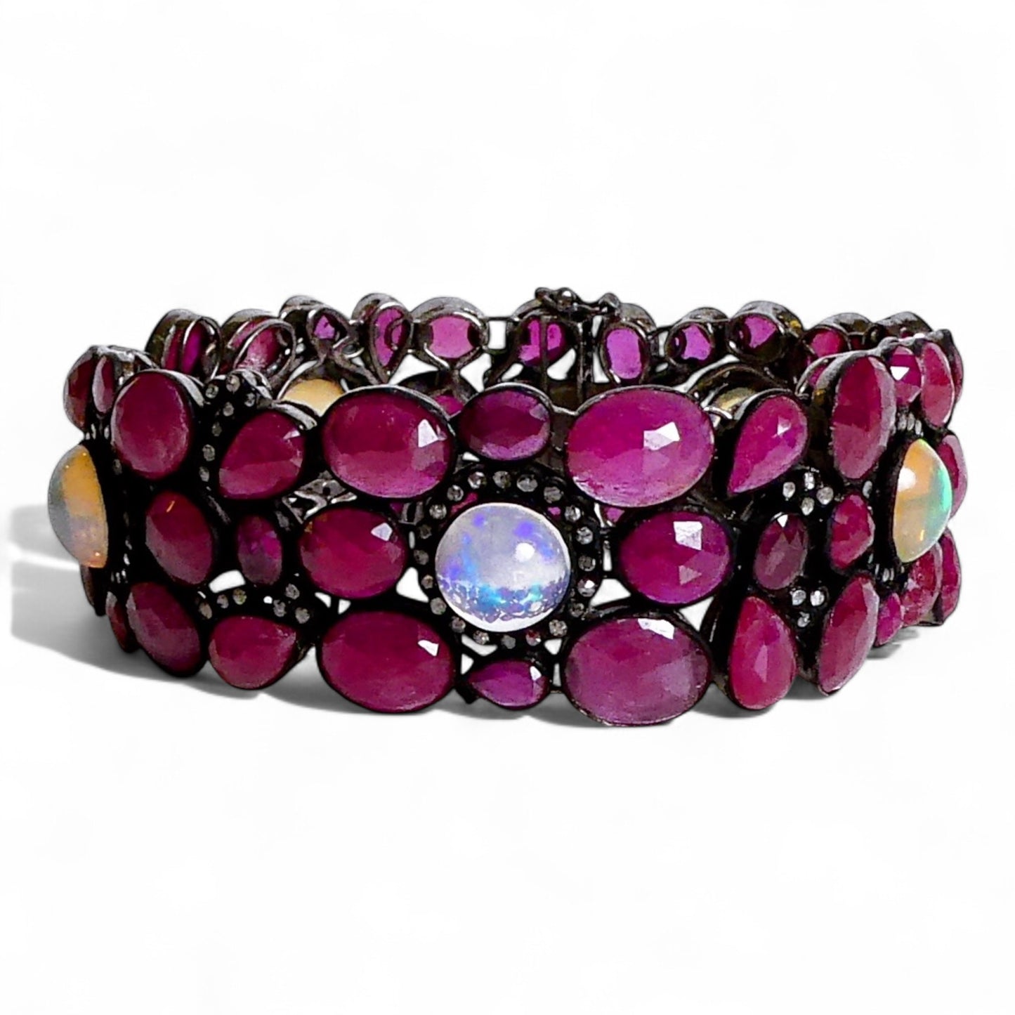 NEW Natural Ruby Gemstone Cuff with Fire Opals and Black Diamonds