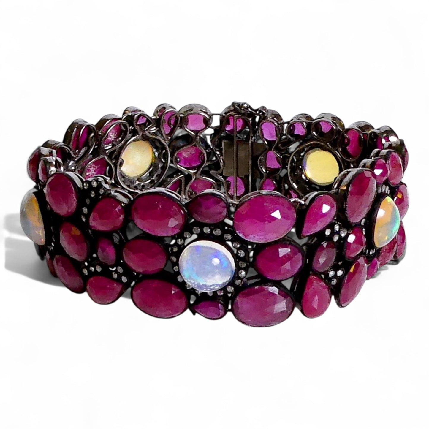 NEW Natural Ruby Gemstone Cuff with Fire Opals and Black Diamonds