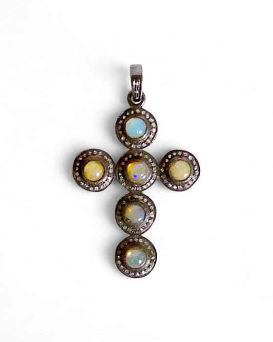 Large Fire Opal and Black Diamond Cross Pendant