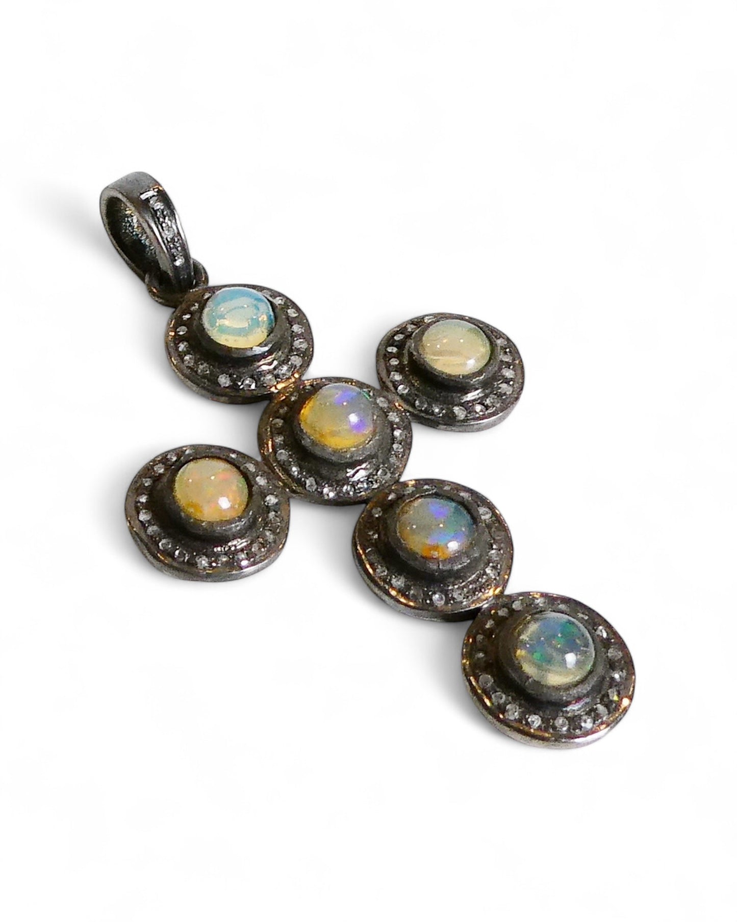 NEW Large Fire Opal and Black Diamond Cross Pendant